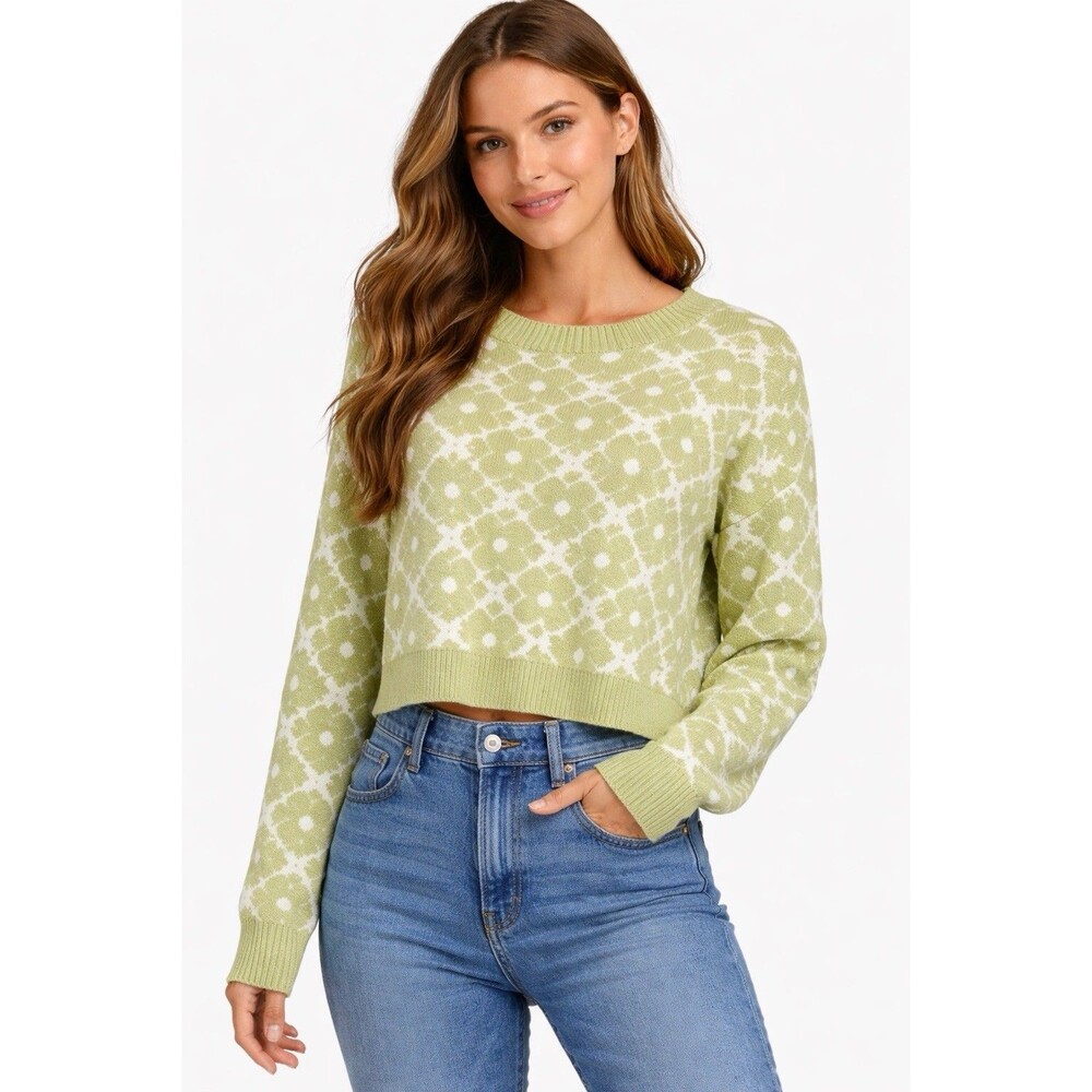Hollister Women’s M Green White Floral Cropped Sweater Cotton Knit Casual